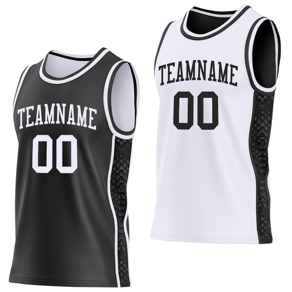 Custom Black-White Mamba Snakeskin Side Panel Stripe Reversible Double Side Sublimation Basketball Set Jersey