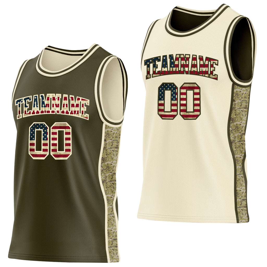 Custom Olive Vintage USA Flag-Cream Camo Side Panel Stripe Reversible Double Side Sublimation Basketball Set Jersey