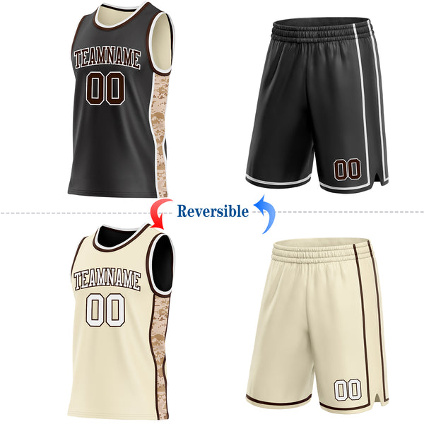 Custom Black(Cream) Brown-White Camo Side Panel Stripe Reversible Double Side Sublimation Basketball Set Jersey
