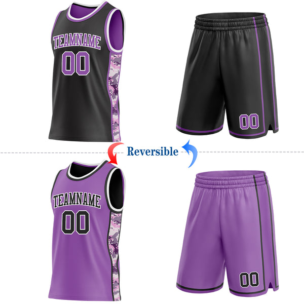 Custom Black Medium Purple-White Camo Side Panel Stripe Reversible Double Side Sublimation Basketball Set Jersey