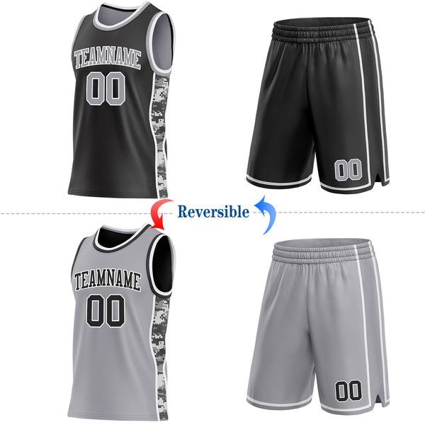 Custom Black Gray-White Camo Side Panel Stripe Reversible Double Side Sublimation Basketball Set Jersey