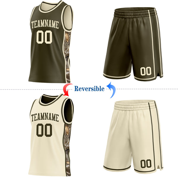 Custom Olive-Cream Woodland Camo Side Panel Stripe Reversible Double Side Sublimation Basketball Set Jersey