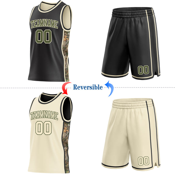 Custom Black Olive-Cream Woodland Camo Side Panel Stripe Reversible Double Side Sublimation Basketball Set Jersey