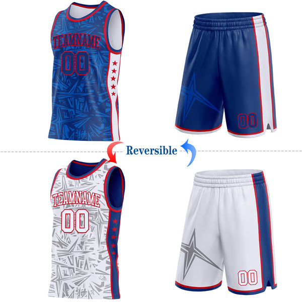 Custom Royal Red-White Side Panel Stripe Stars Geometric Shatter Starburst Reversible Double Side Sublimation Basketball Set Jersey