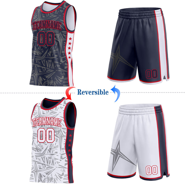 Custom Navy Red-White Side Panel Stripe Stars Geometric Shatter Starburst Reversible Double Side Sublimation Basketball Set Jersey