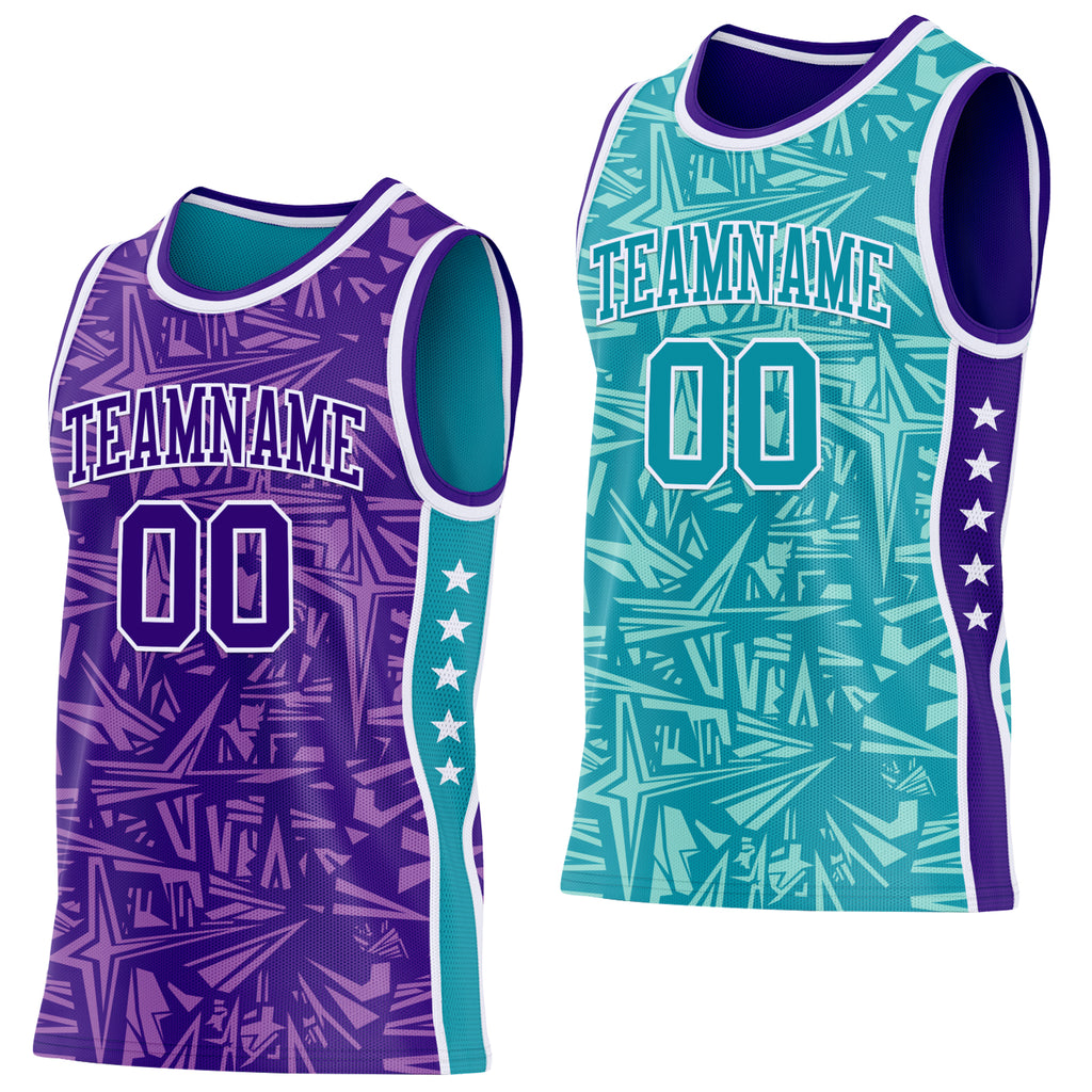 Custom Purple White-Teal Side Panel Stripe Stars Geometric Shatter Starburst Reversible Double Side Sublimation Basketball Set Jersey
