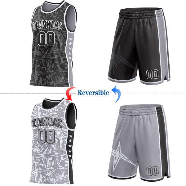 Custom Black White-Gray Side Panel Stripe Stars Geometric Shatter Starburst Reversible Double Side Sublimation Basketball Set Jersey