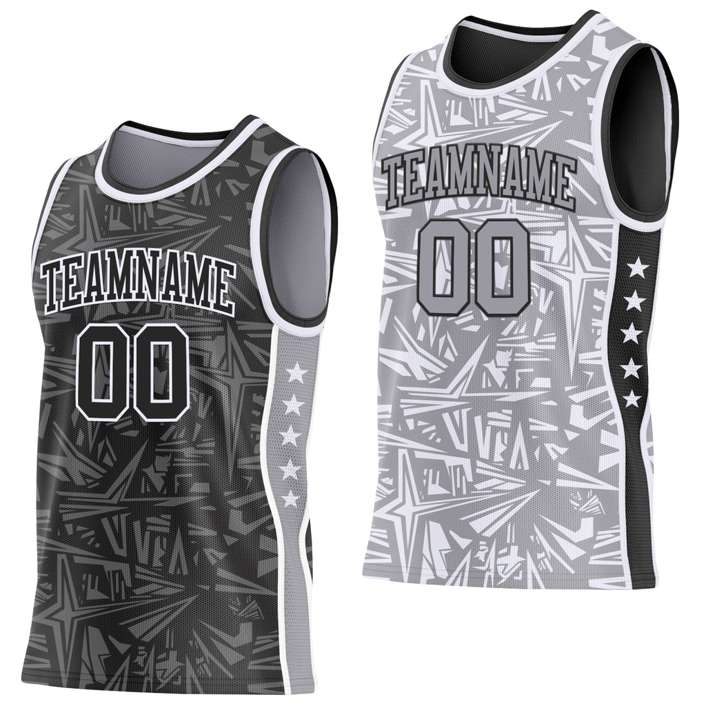Custom Black White-Gray Side Panel Stripe Stars Geometric Shatter Starburst Reversible Double Side Sublimation Basketball Set Jersey