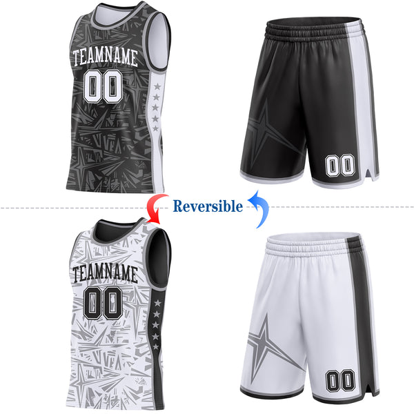 Custom Black White-Gray Side Panel Stripe Stars Geometric Shatter Starburst Reversible Double Side Sublimation Basketball Set Jersey