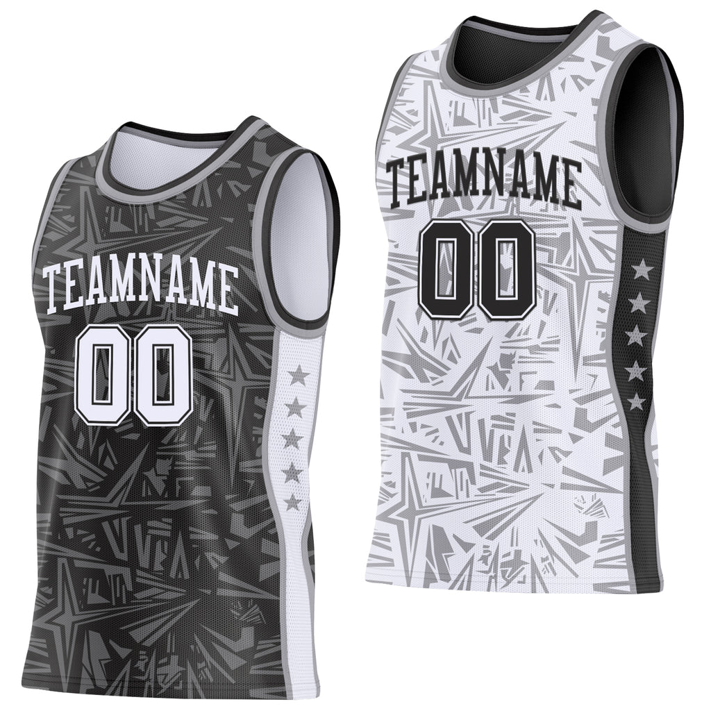 Custom Black White-Gray Side Panel Stripe Stars Geometric Shatter Starburst Reversible Double Side Sublimation Basketball Set Jersey