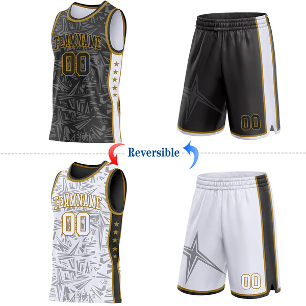 Custom Black Old Gold-White Side Panel Stripe Stars Geometric Shatter Starburst Reversible Double Side Sublimation Basketball Set Jersey
