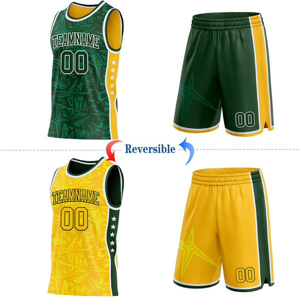 Custom Green White-Gold Side Panel Stripe Stars Geometric Shatter Starburst Reversible Double Side Sublimation Basketball Set Jersey