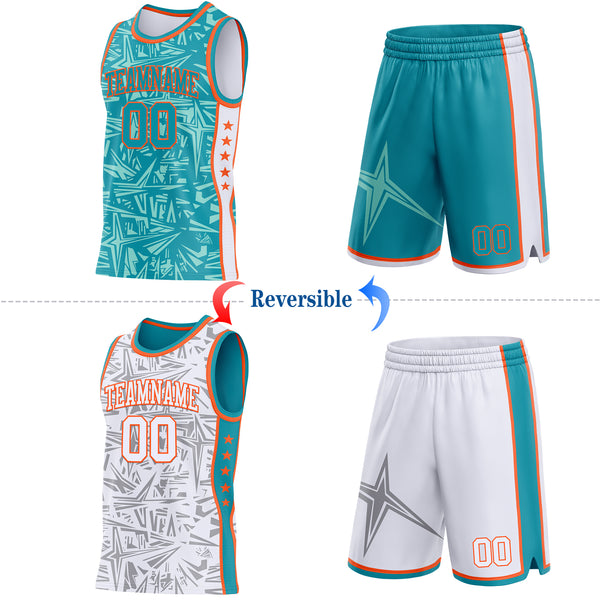 Custom Teal Orange-White Side Panel Stripe Stars Geometric Shatter Starburst Reversible Double Side Sublimation Basketball Set Jersey