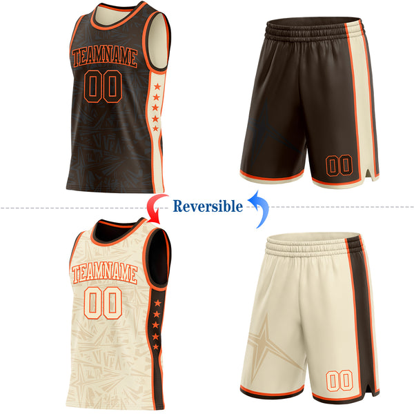 Custom Brown Orange-Cream Side Panel Stripe Stars Geometric Shatter Starburst Reversible Double Side Sublimation Basketball Set Jersey