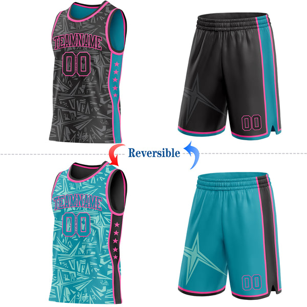 Custom Black Pink-Teal Side Panel Stripe Stars Geometric Shatter Starburst Reversible Double Side Sublimation Basketball Set Jersey