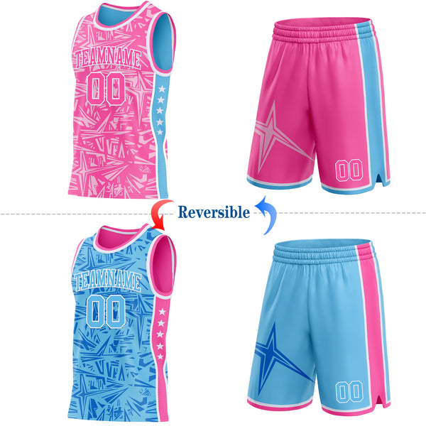 Custom Pink White-Sky Blue Side Panel Stripe Stars Geometric Shatter Starburst Reversible Double Side Sublimation Basketball Set Jersey