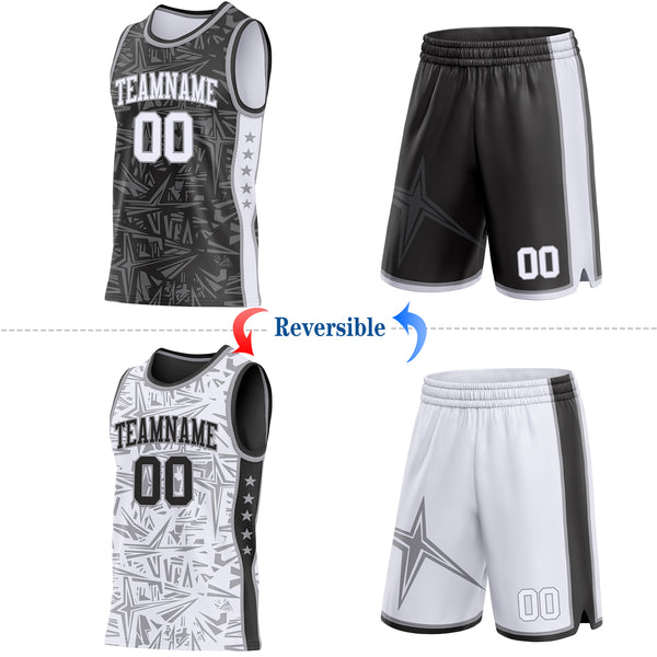 Custom Black White-Gray Side Panel Stripe Stars Geometric Shatter Starburst Reversible Double Side Sublimation Basketball Set Jersey