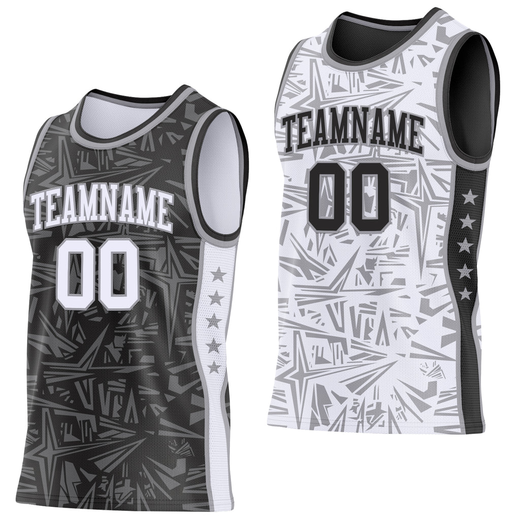 Custom Black White-Gray Side Panel Stripe Stars Geometric Shatter Starburst Reversible Double Side Sublimation Basketball Set Jersey