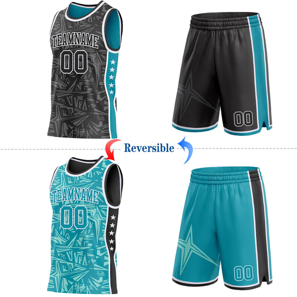 Custom Black White-Teal Side Panel Stripe Stars Geometric Shatter Starburst Reversible Double Side Sublimation Basketball Set Jersey