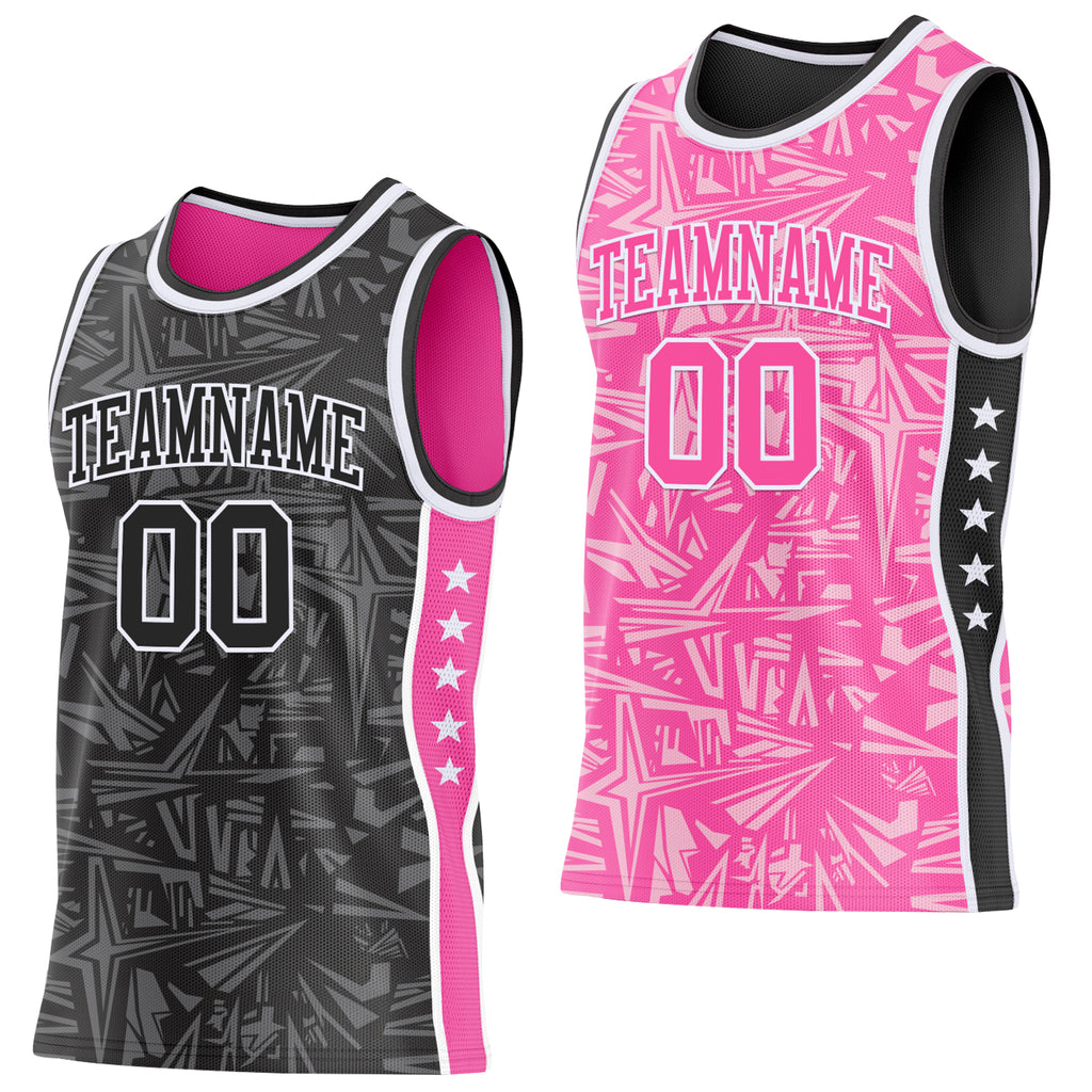 Custom Black White-Pink Side Panel Stripe Stars Geometric Shatter Starburst Reversible Double Side Sublimation Basketball Set Jersey