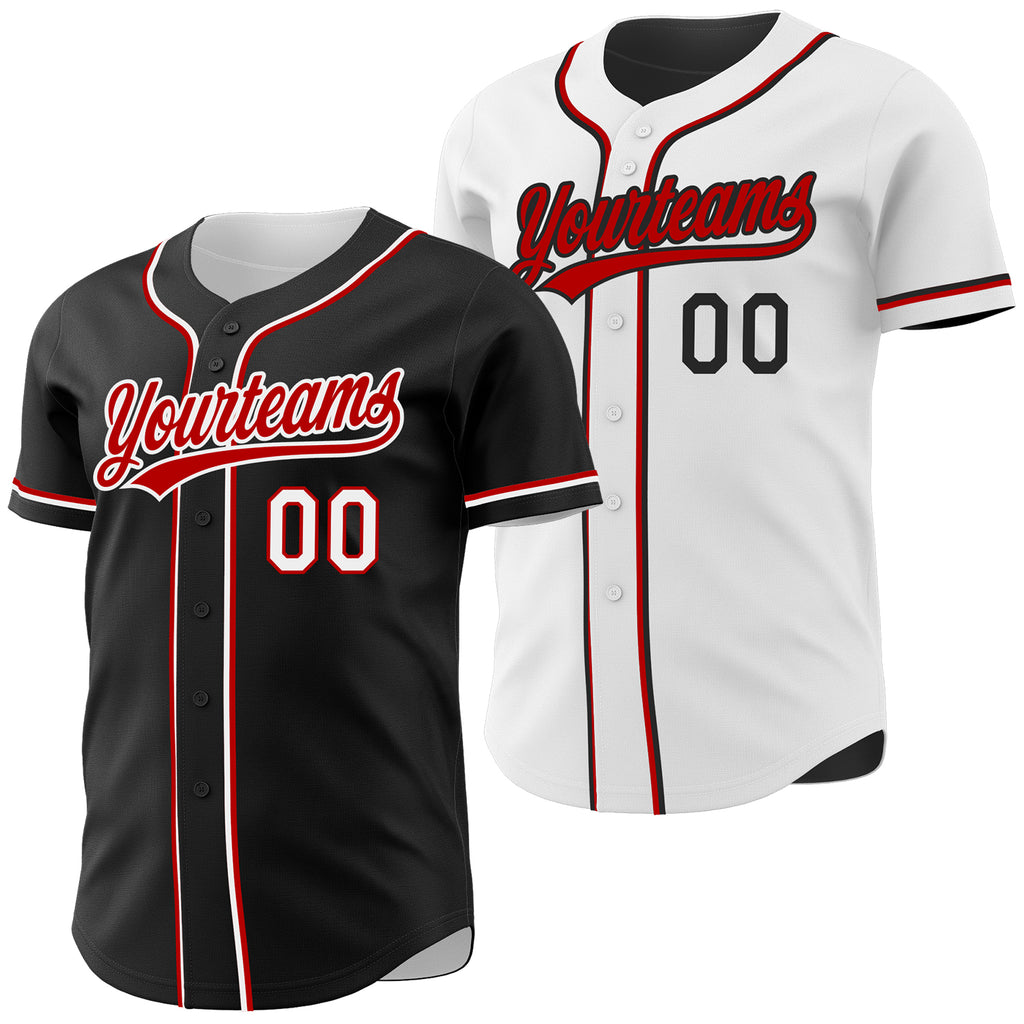 Custom Black Red-White Reversible Button-Down Baseball Jersey