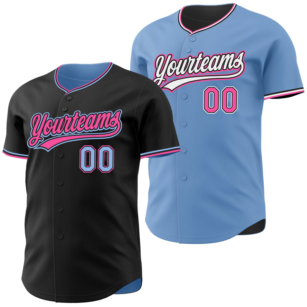 Custom Black Light Blue-Pink Reversible Button-Down Baseball Jersey
