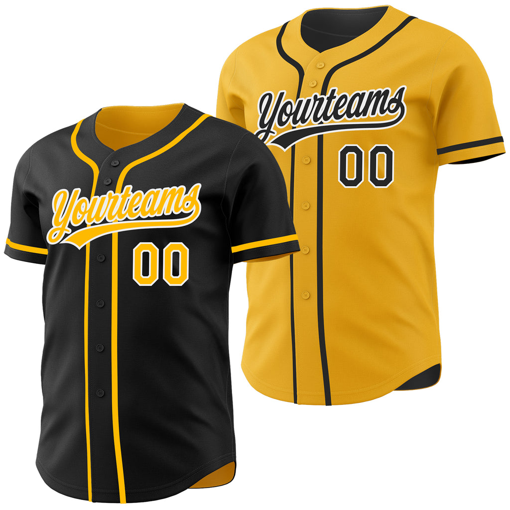 Custom Black Gold-White Reversible Button-Down Baseball Jersey