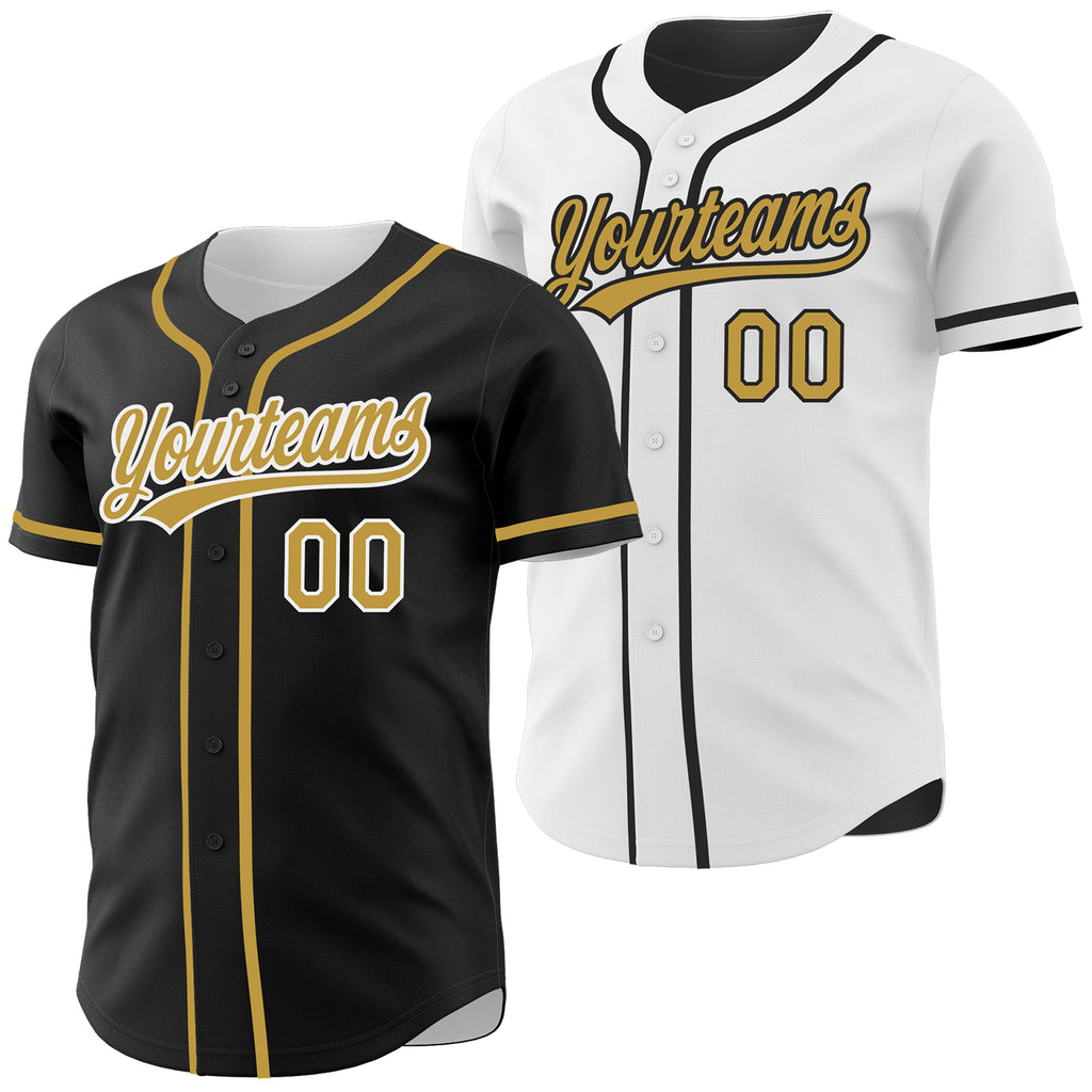 Custom Black Old Gold-White Reversible Button-Down Baseball Jersey