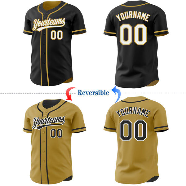Custom Black White-Old Gold Reversible Button-Down Baseball Jersey