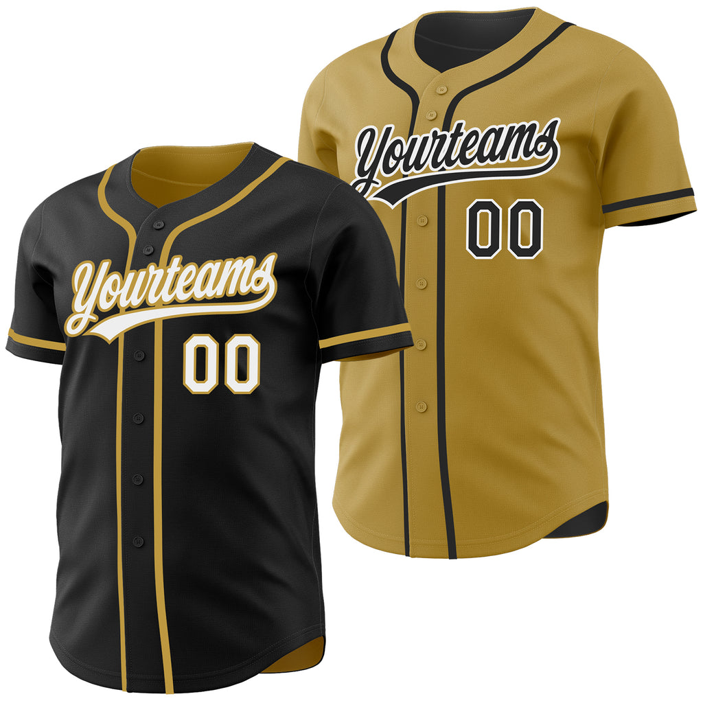 Custom Black White-Old Gold Reversible Button-Down Baseball Jersey