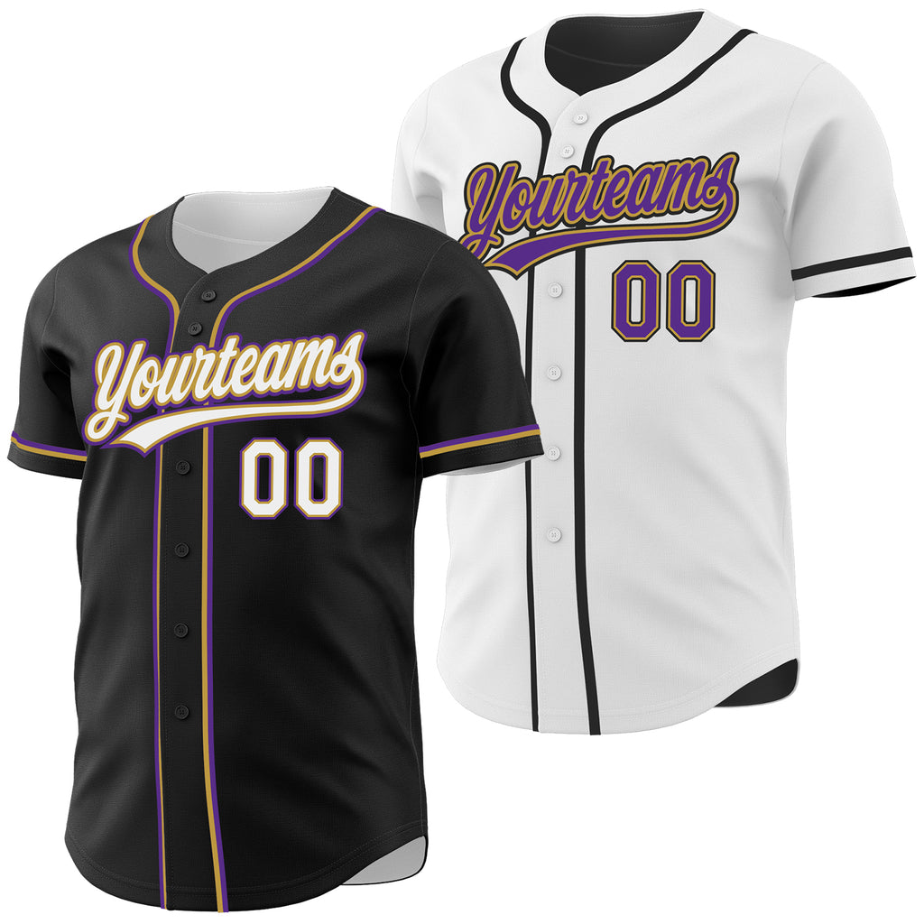 Custom Black White Old Gold-Purple Reversible Button-Down Baseball Jersey