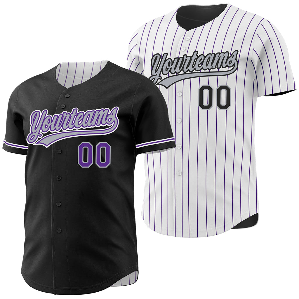 Custom Black White Purple Pinstripe Reversible Button-Down Baseball Jersey