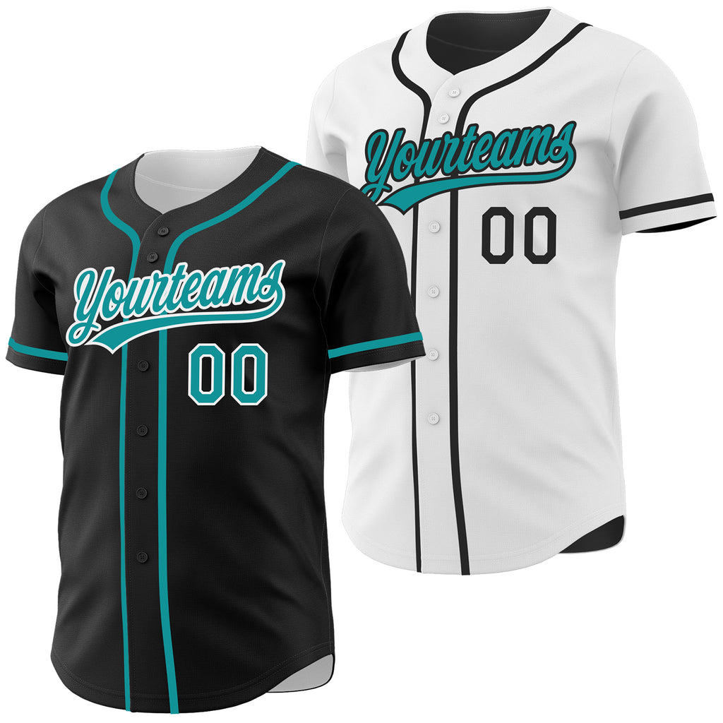 Custom Black Teal-White Reversible Button-Down Baseball Jersey