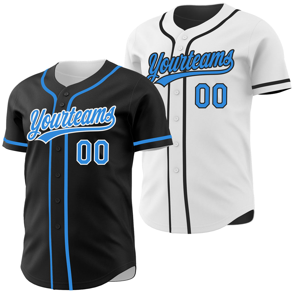 Custom Black Electric Blue-White Reversible Button-Down Baseball Jersey