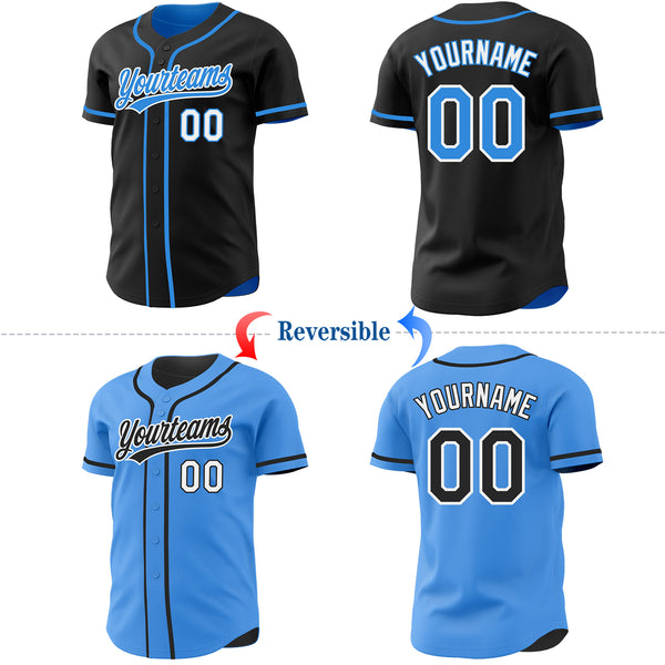 Custom Black Electric Blue-White Reversible Button-Down Baseball Jersey