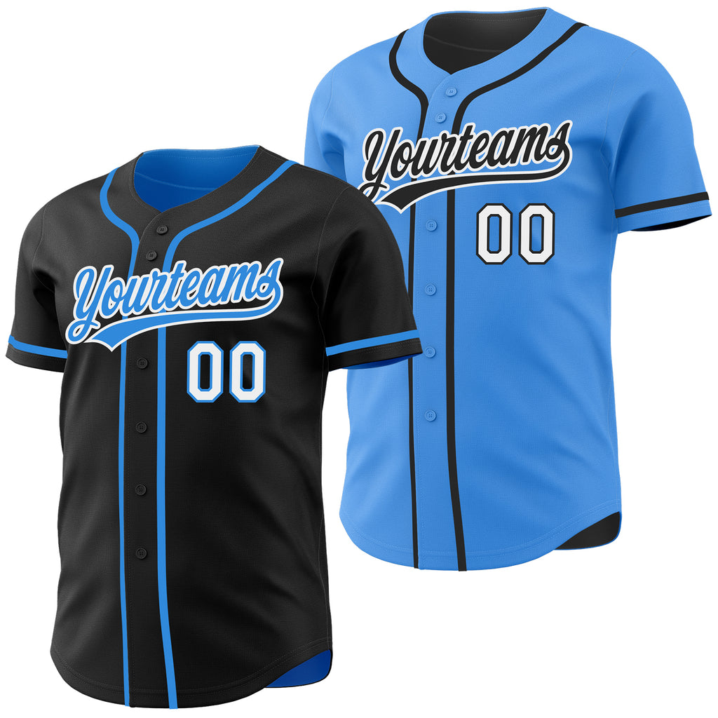 Custom Black Electric Blue-White Reversible Button-Down Baseball Jersey