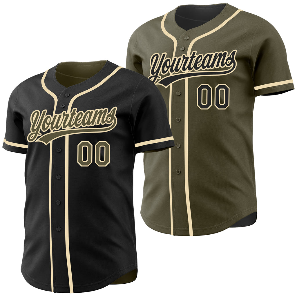 Custom Black Olive-Cream Reversible Button-Down Baseball Jersey