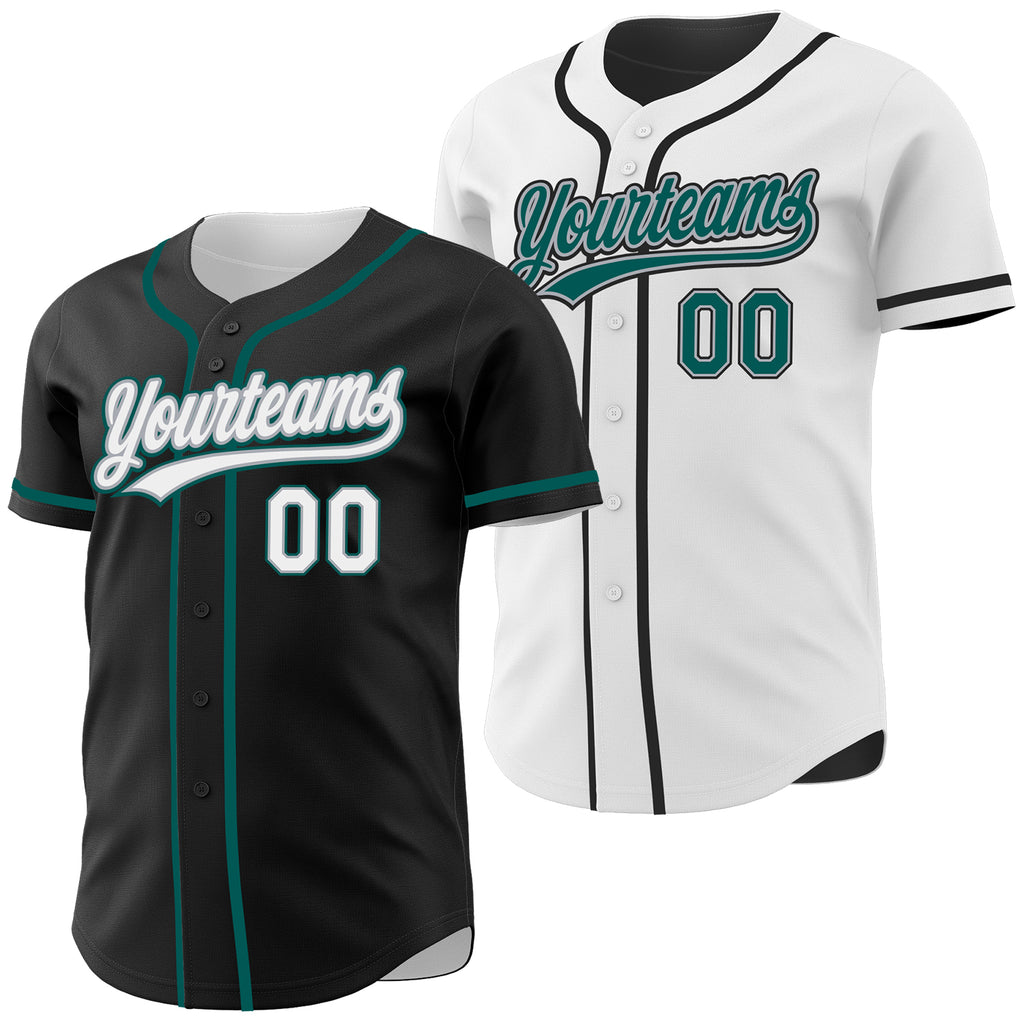 Custom Black White Gray-Midnight Green Reversible Button-Down Baseball Jersey