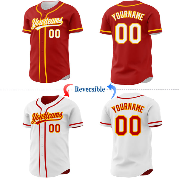 Custom Red White-Gold Reversible Button-Down Baseball Jersey