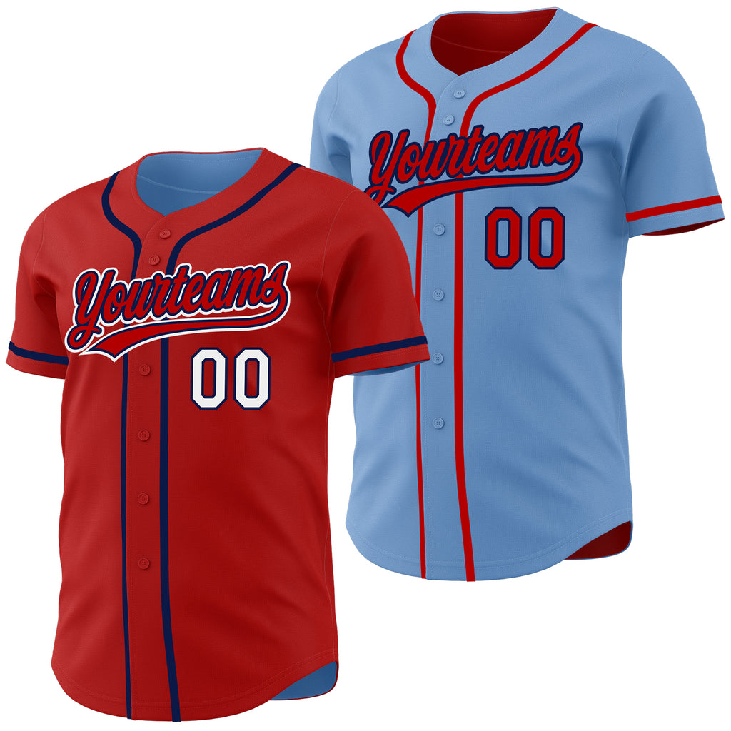 Custom Red Light Blue Reversible Button-Down Baseball Jersey