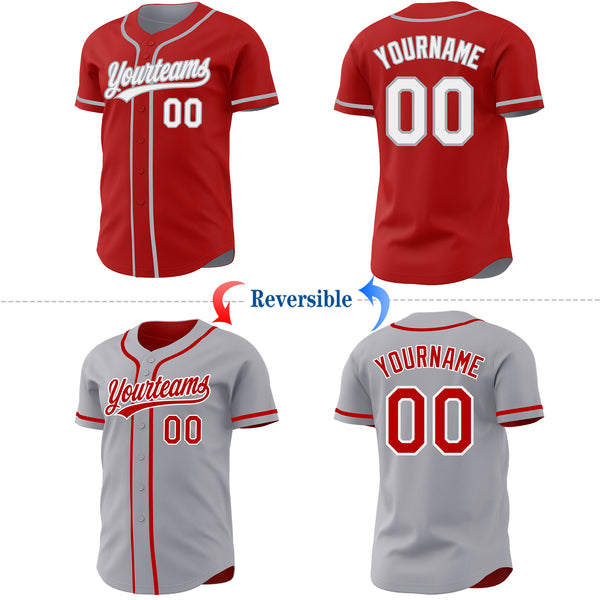 Custom Red White-Gray Reversible Button-Down Baseball Jersey