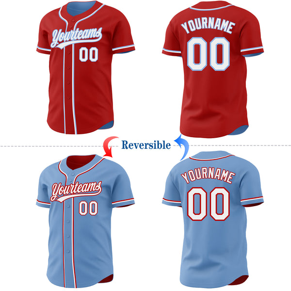 Custom Red White-Light Blue Reversible Button-Down Baseball Jersey
