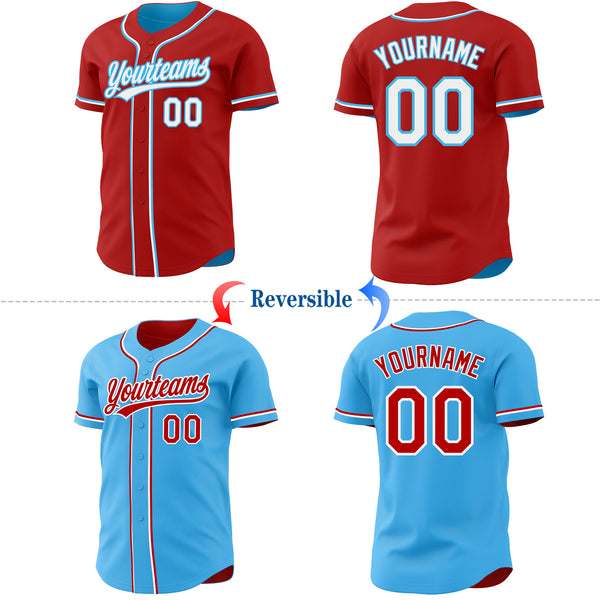 Custom Red White-Sky Blue Reversible Button-Down Baseball Jersey
