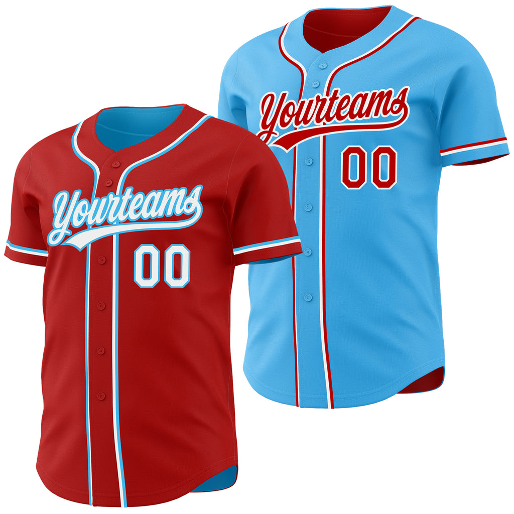 Custom Red White-Sky Blue Reversible Button-Down Baseball Jersey