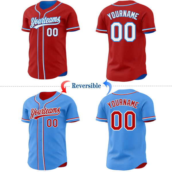 Custom Red White-Electric Blue Reversible Button-Down Baseball Jersey