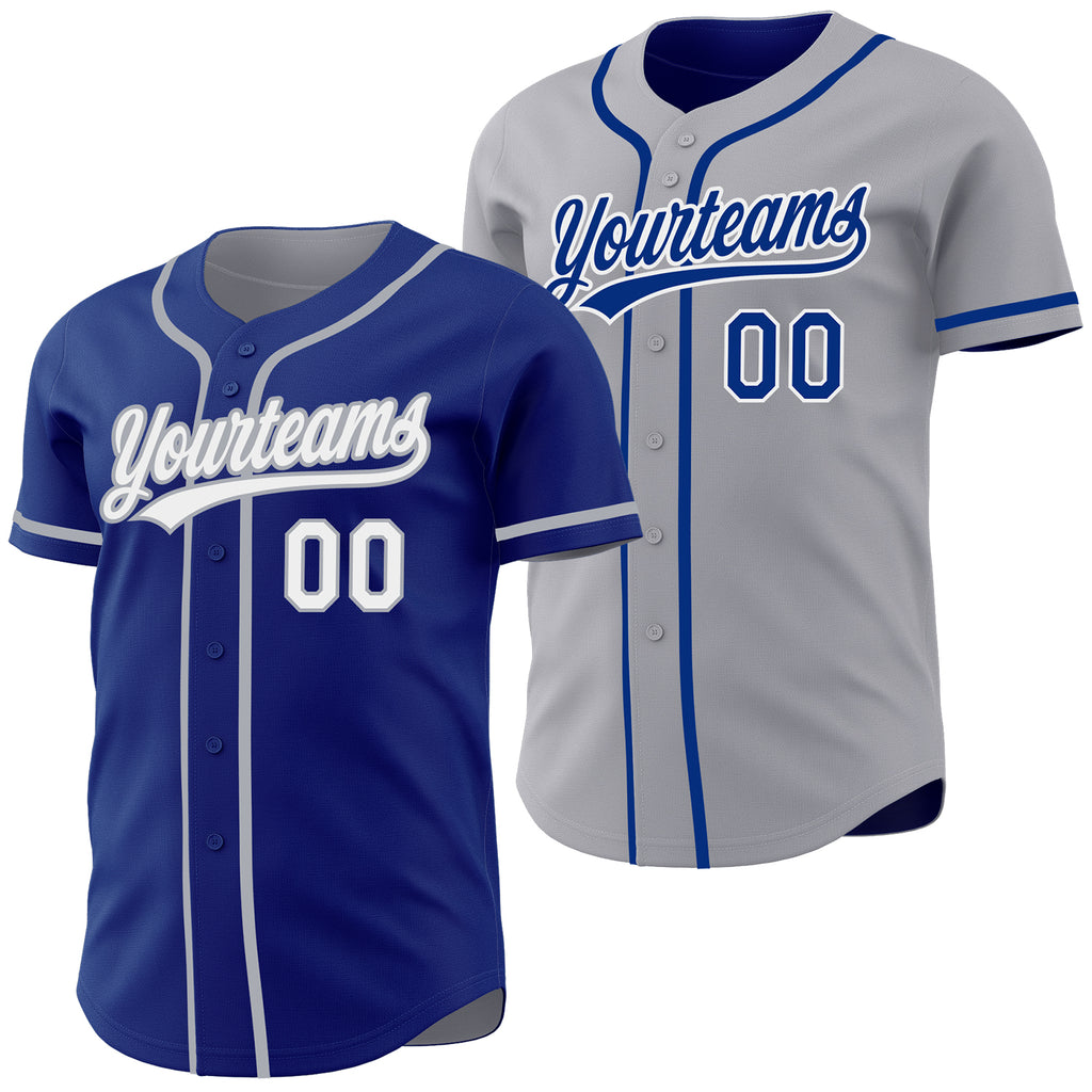 Custom Royal White-Gray Reversible Button-Down Baseball Jersey