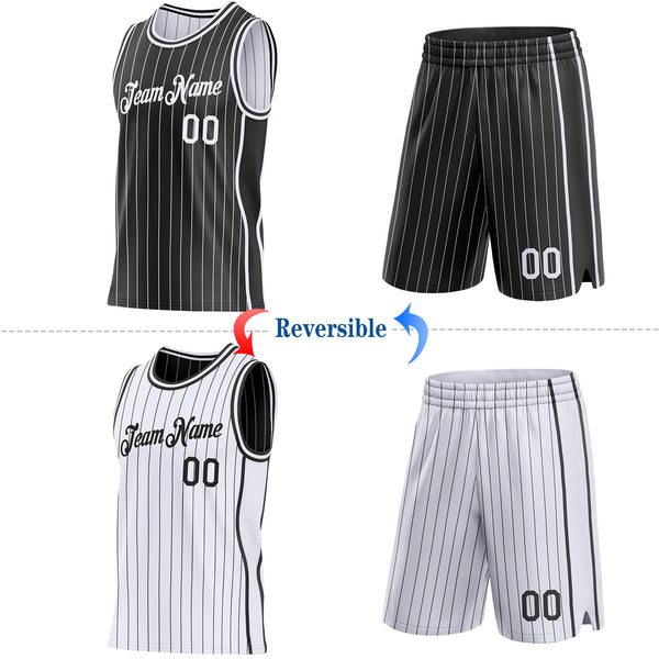 Custom Black White Pinstripe Side Panels Reversible Double Side Sublimation Basketball Set Jersey