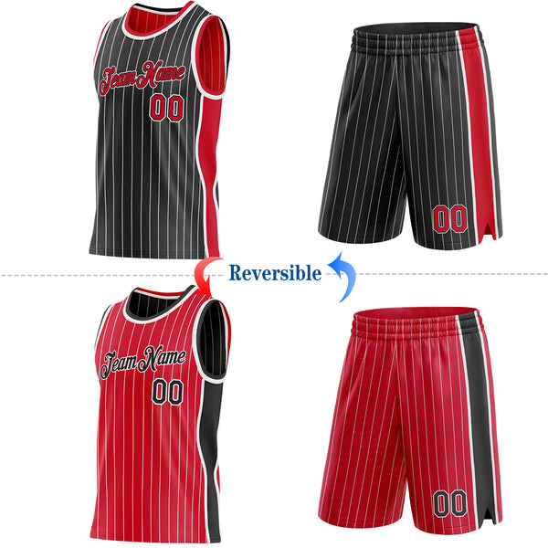 Custom Black White Pinstripe-Red Side Panels Reversible Double Side Sublimation Basketball Set Jersey