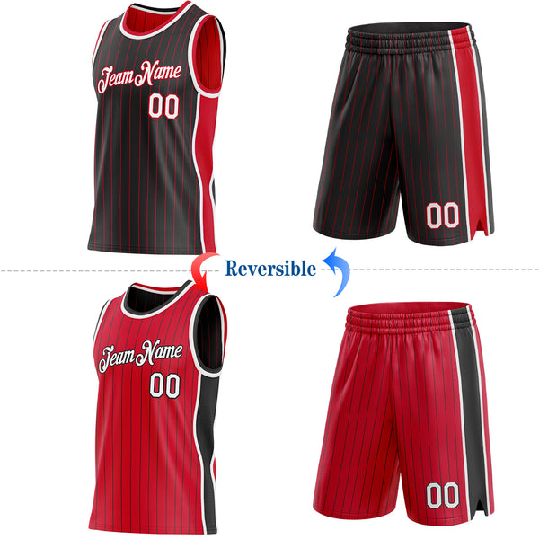 Custom Black Red Pinstripe-White Side Panels Reversible Double Side Sublimation Basketball Set Jersey