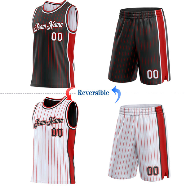 Custom Black Red Pinstripe-White Side Panels Reversible Double Side Sublimation Basketball Set Jersey